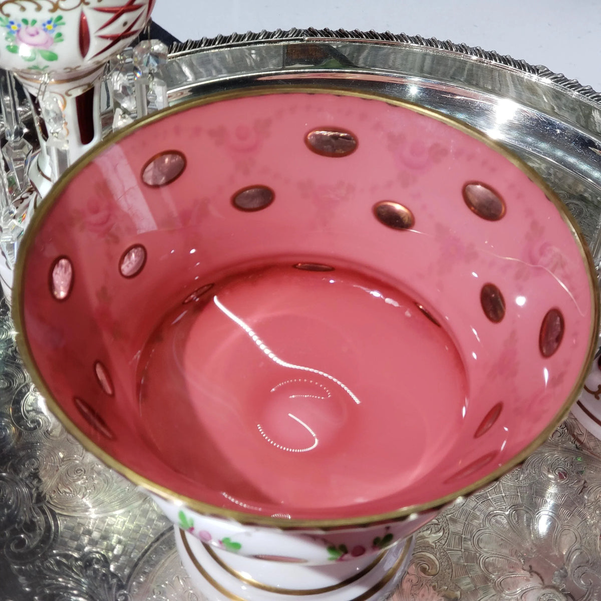 Mantle Lusters Set: Czech Pink Glass - Gold Trim, Matching Bowl