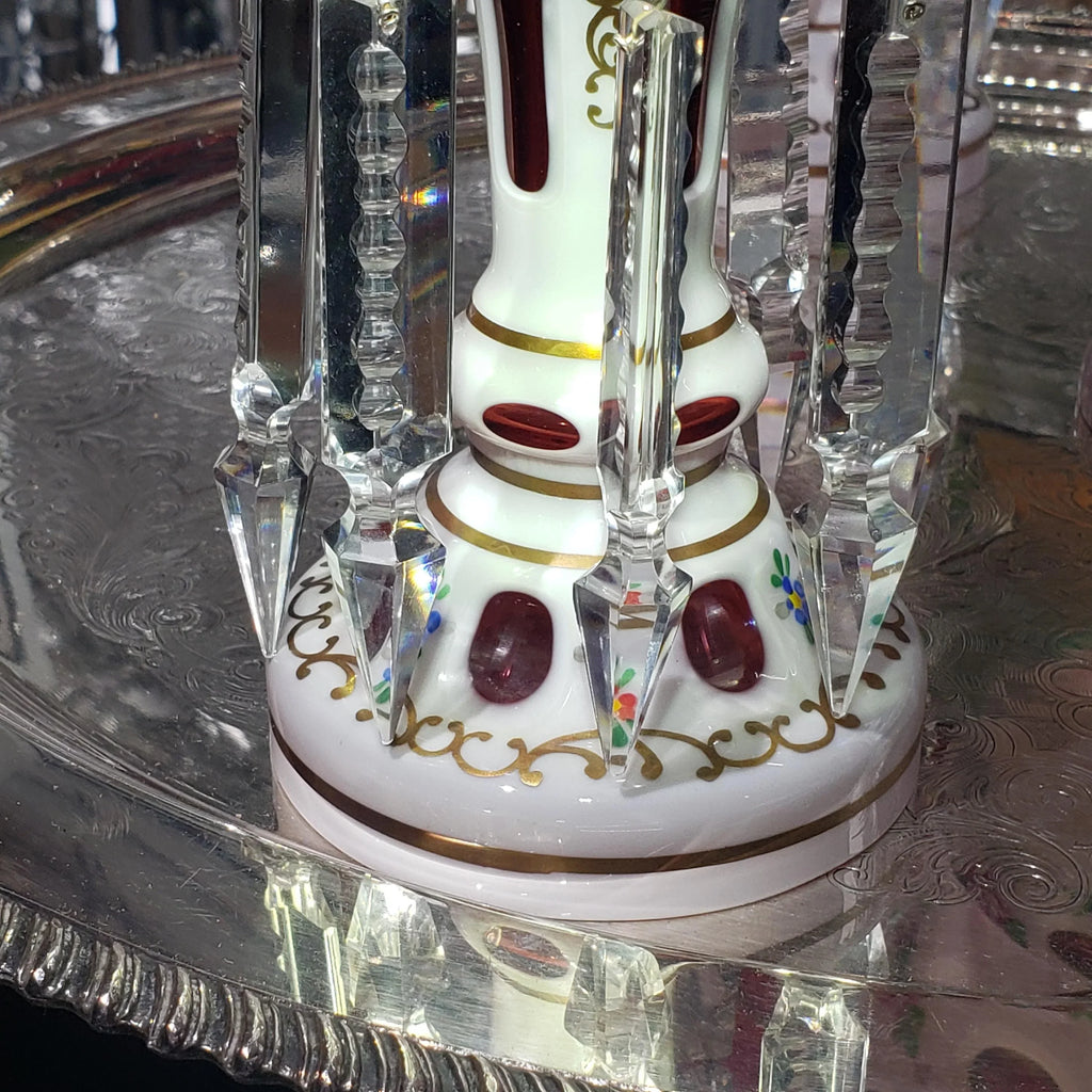 Mantle Lusters Set: Czech Pink Glass - Gold Trim, Matching Bowl