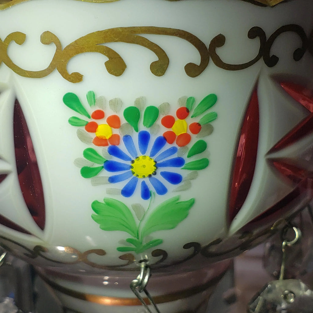 Mantle Lusters Set: Czech Pink Glass - Gold Trim, Matching Bowl