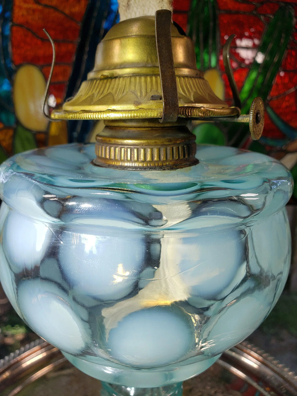 Blue Coin Dot Oil Lamp - Rare Swirl Chimney, Chevron Stand