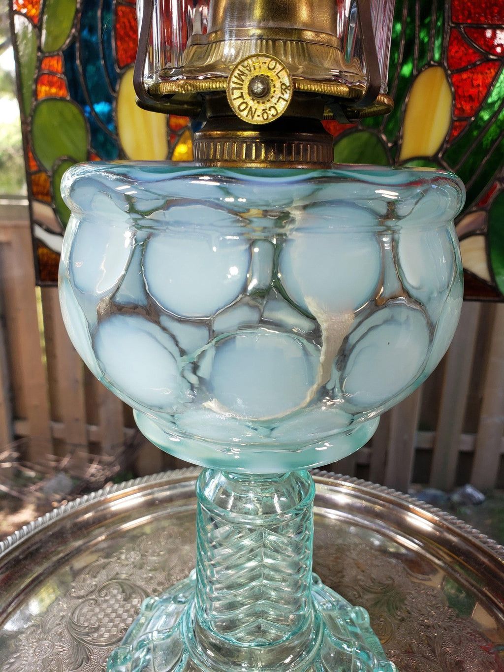 Blue Coin Dot Oil Lamp - Rare Swirl Chimney, Chevron Stand