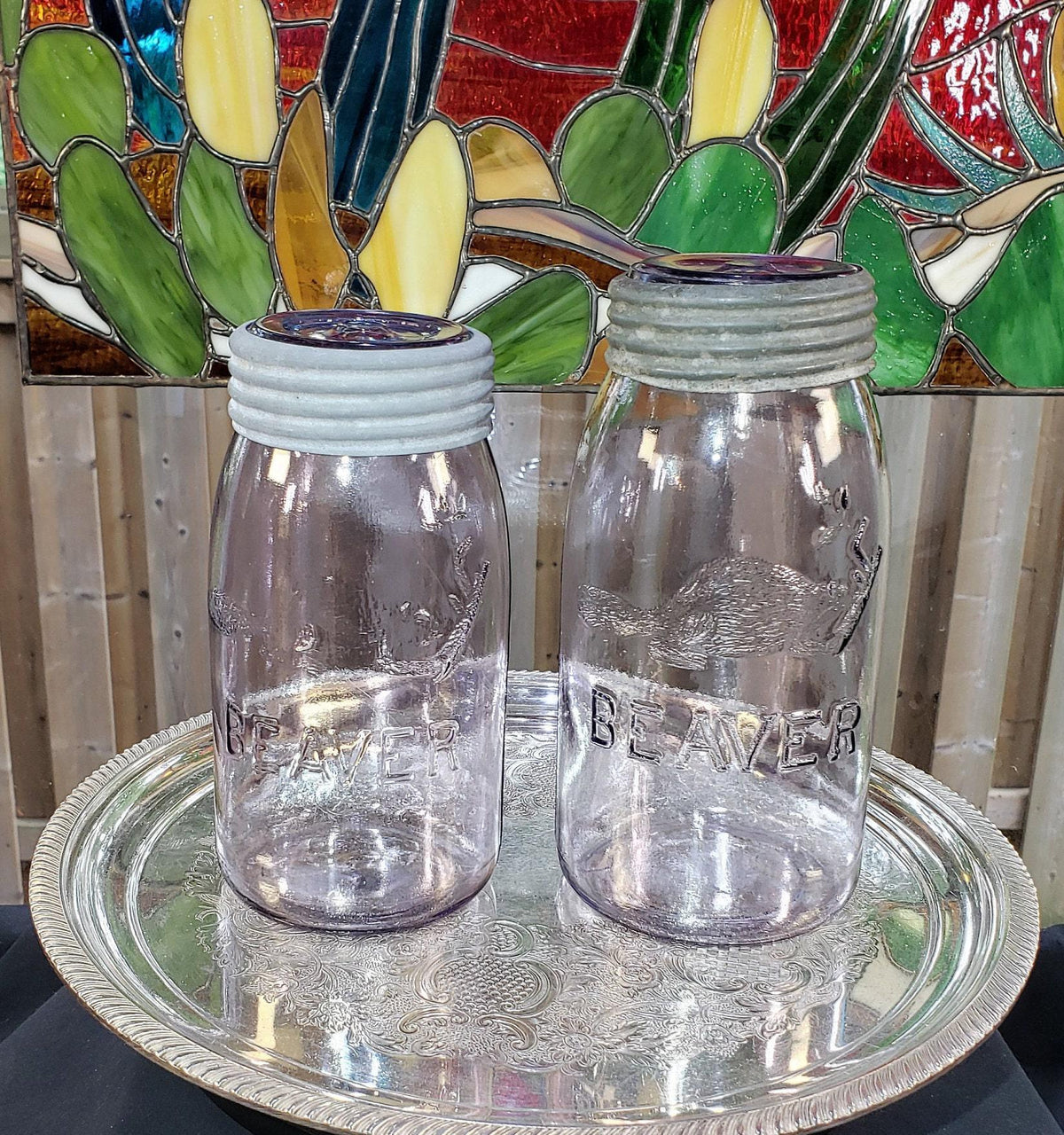 SCA Beaver Mason Jars: Canadian Amethyst Glass Pair