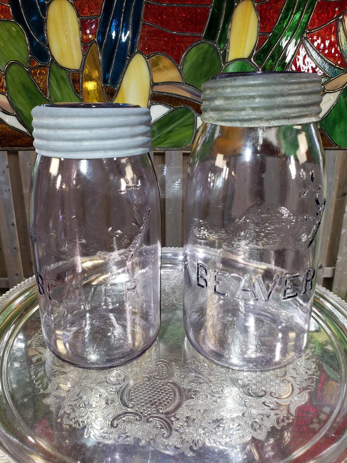 SCA Beaver Mason Jars: Canadian Amethyst Glass Pair