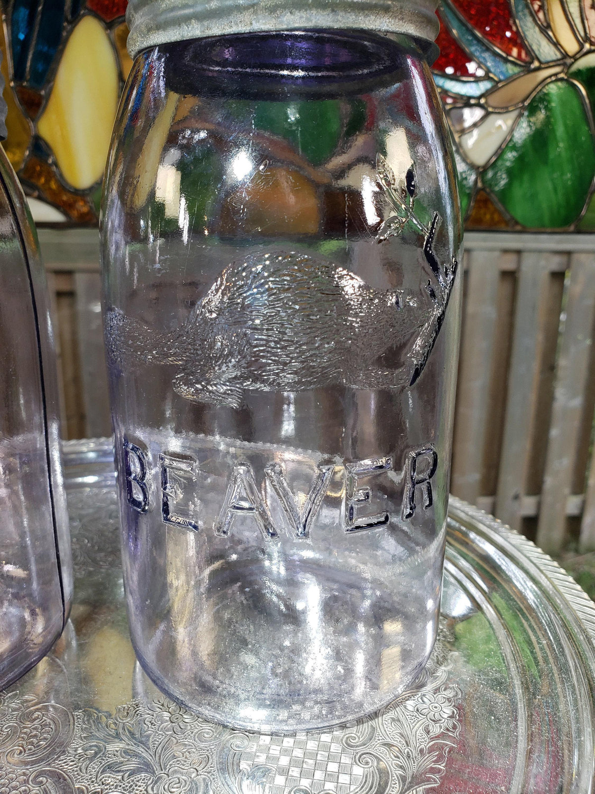 SCA Beaver Mason Jars: Canadian Amethyst Glass Pair