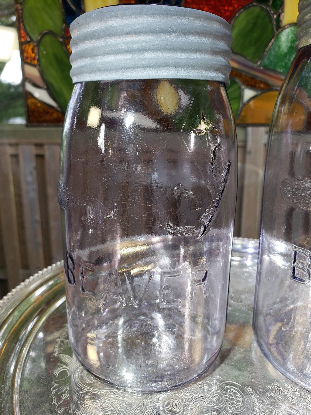 SCA Beaver Mason Jars: Canadian Amethyst Glass Pair