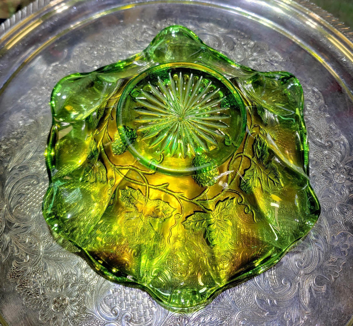 Millersburg Carnival Glass Bowl - Green Gold Grape Pattern, 7 Inch