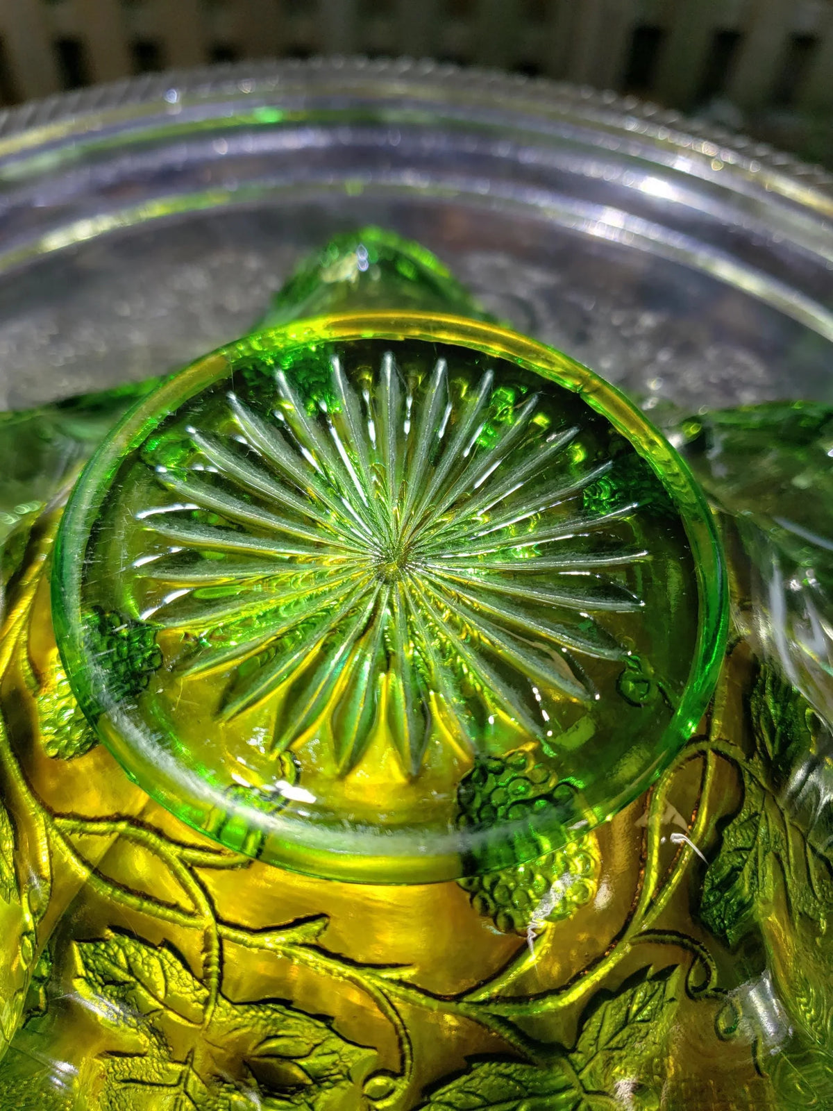 Millersburg Carnival Glass Bowl - Green Gold Grape Pattern, 7 Inch