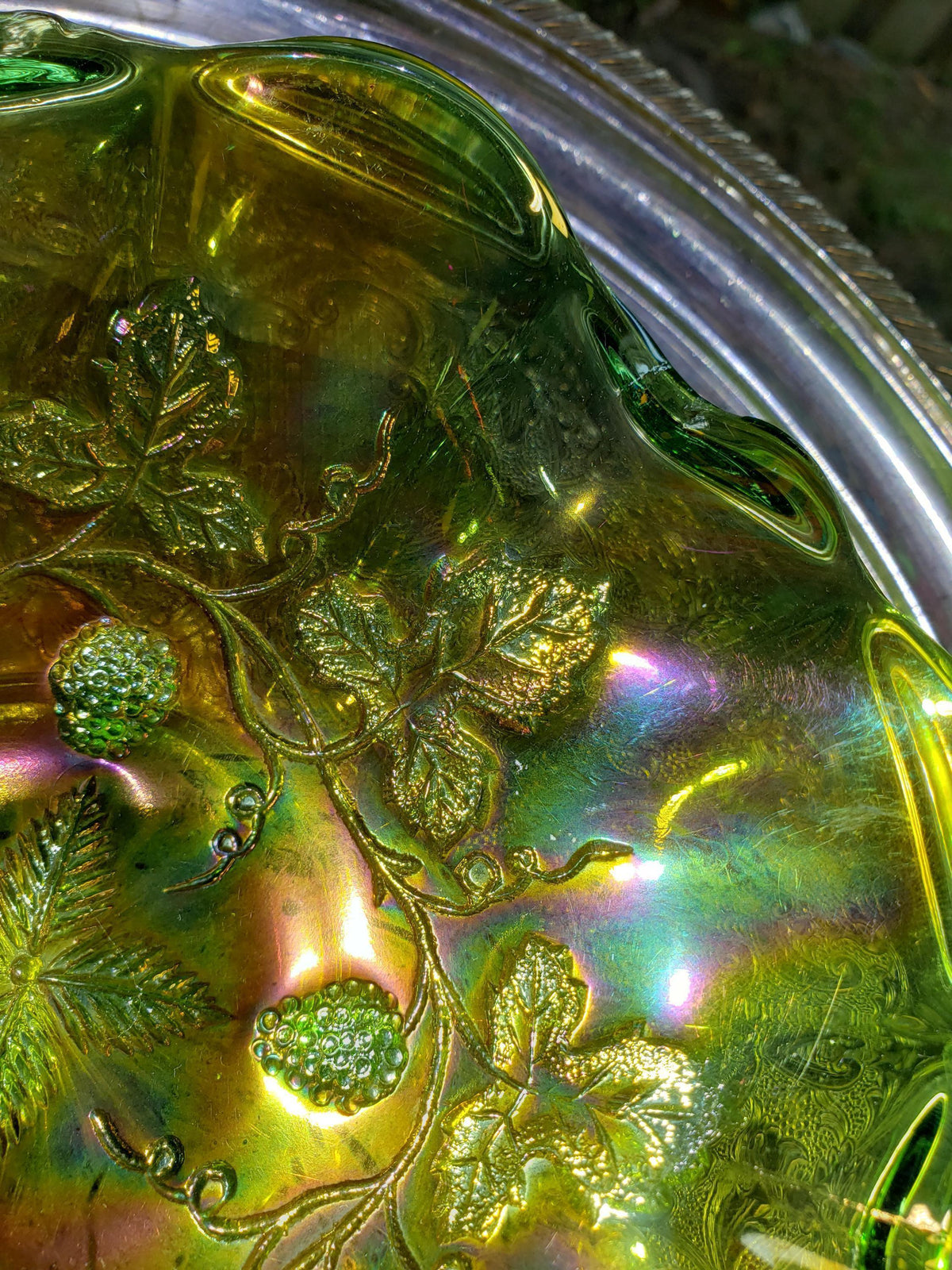 Millersburg Carnival Glass Bowl - Green Gold Grape Pattern, 7 Inch