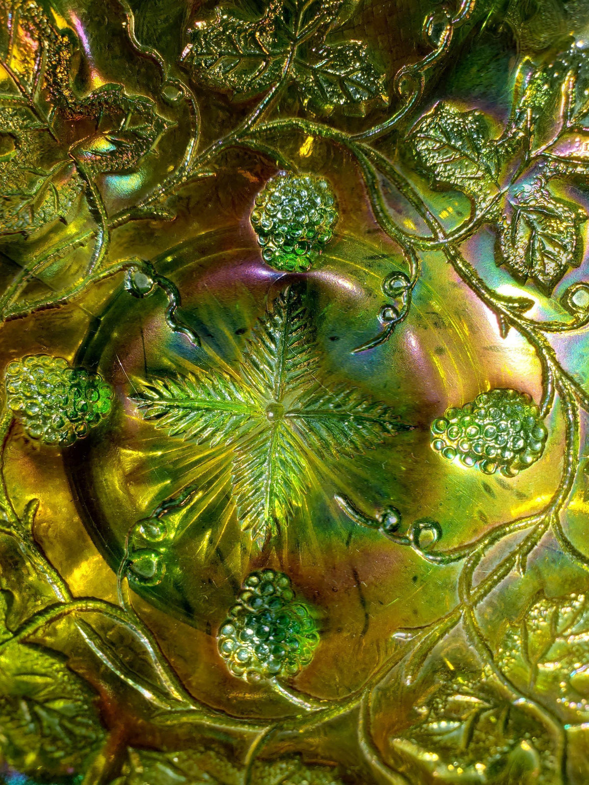 Millersburg Carnival Glass Bowl - Green Gold Grape Pattern, 7 Inch