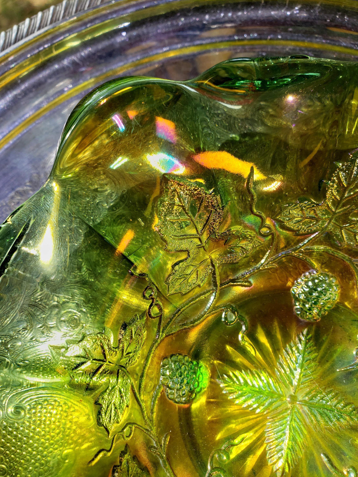 Millersburg Carnival Glass Bowl - Green Gold Grape Pattern, 7 Inch