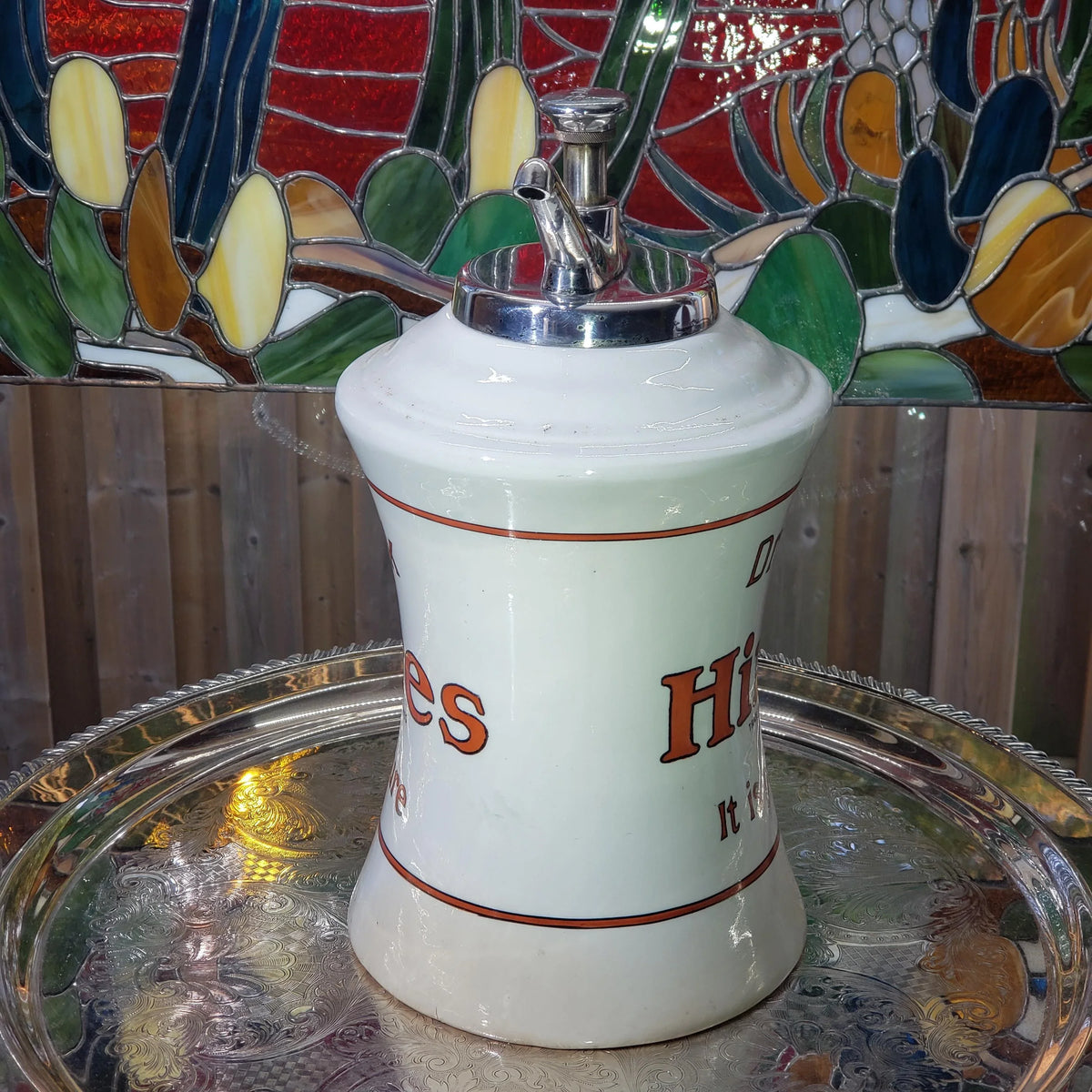 1920s Hires Syrup Dispenser: Porcelain with Silver Pump