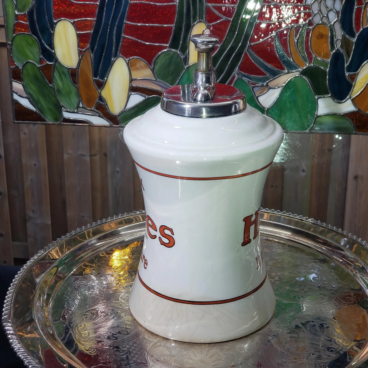 1920s Hires Syrup Dispenser: Porcelain with Silver Pump