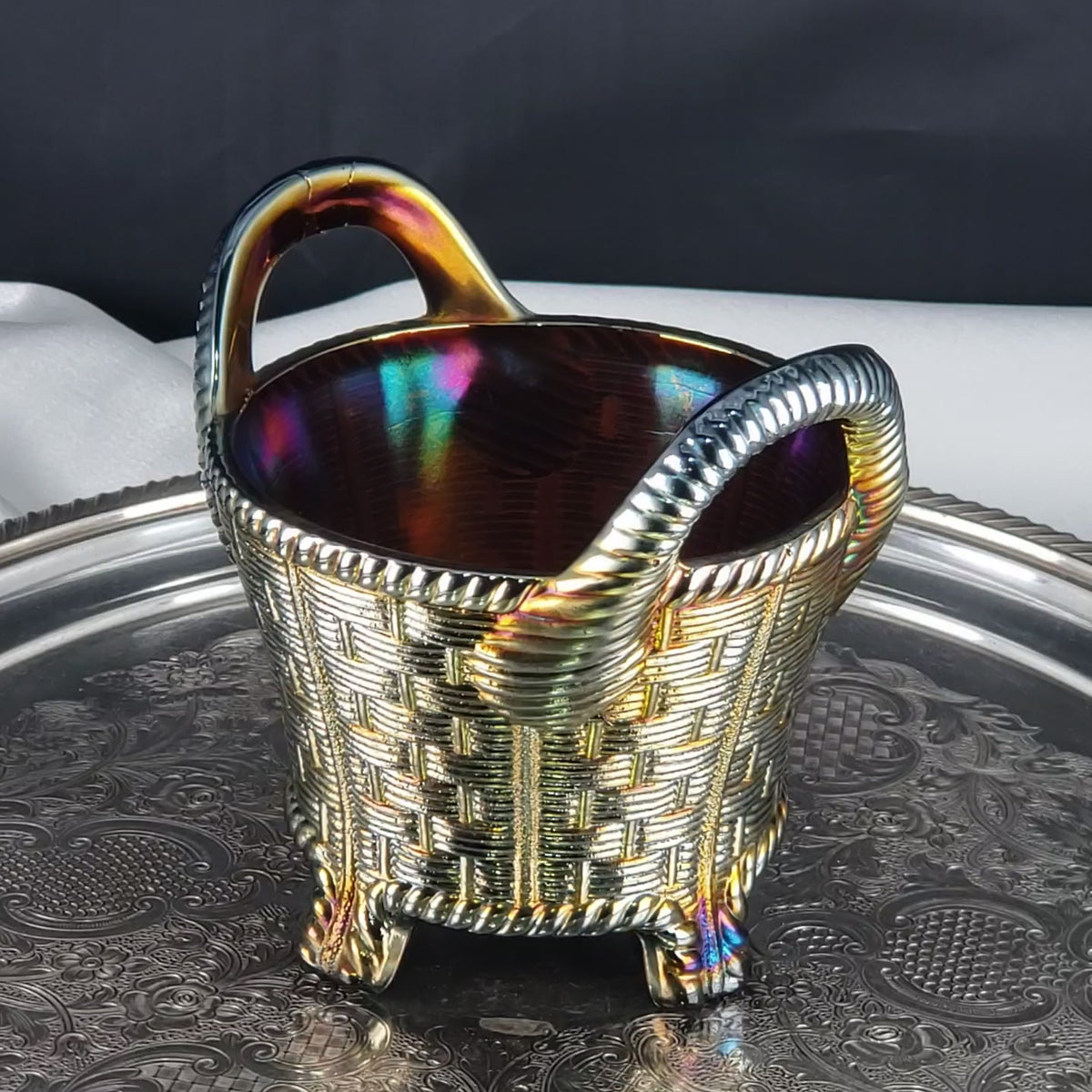 Antique Amethyst Glass Bushel Basket – Northwood Carnival Glass – Iridescent Glass Decor