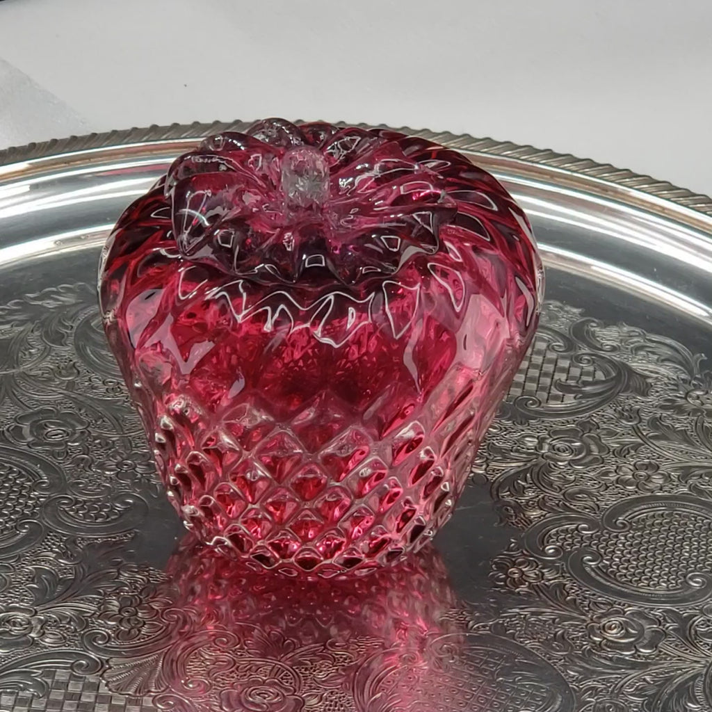 Vintage Rossi Hand Blown Cranberry Art Glass Strawberry Paperweight