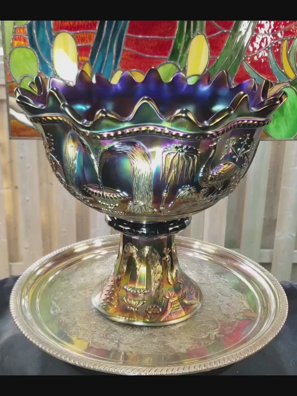 Northwood Carnival Glass Punch Bowl - Peacock Design, Amethyst Base
