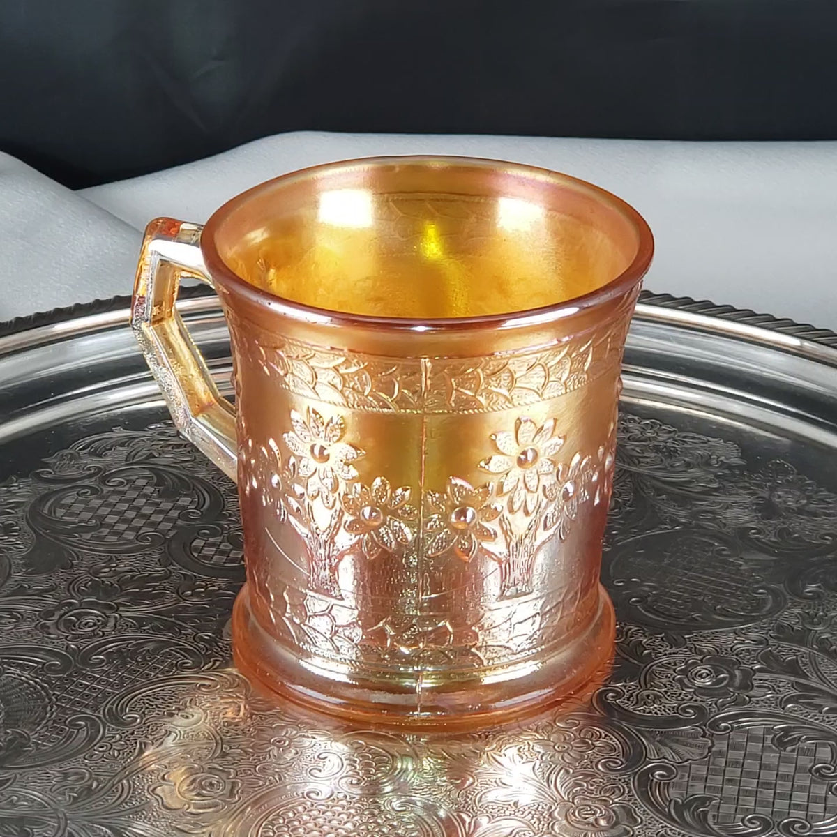 Antique Marigold Orange Tree Mug – Fenton Carnival Glass – Early 1900s