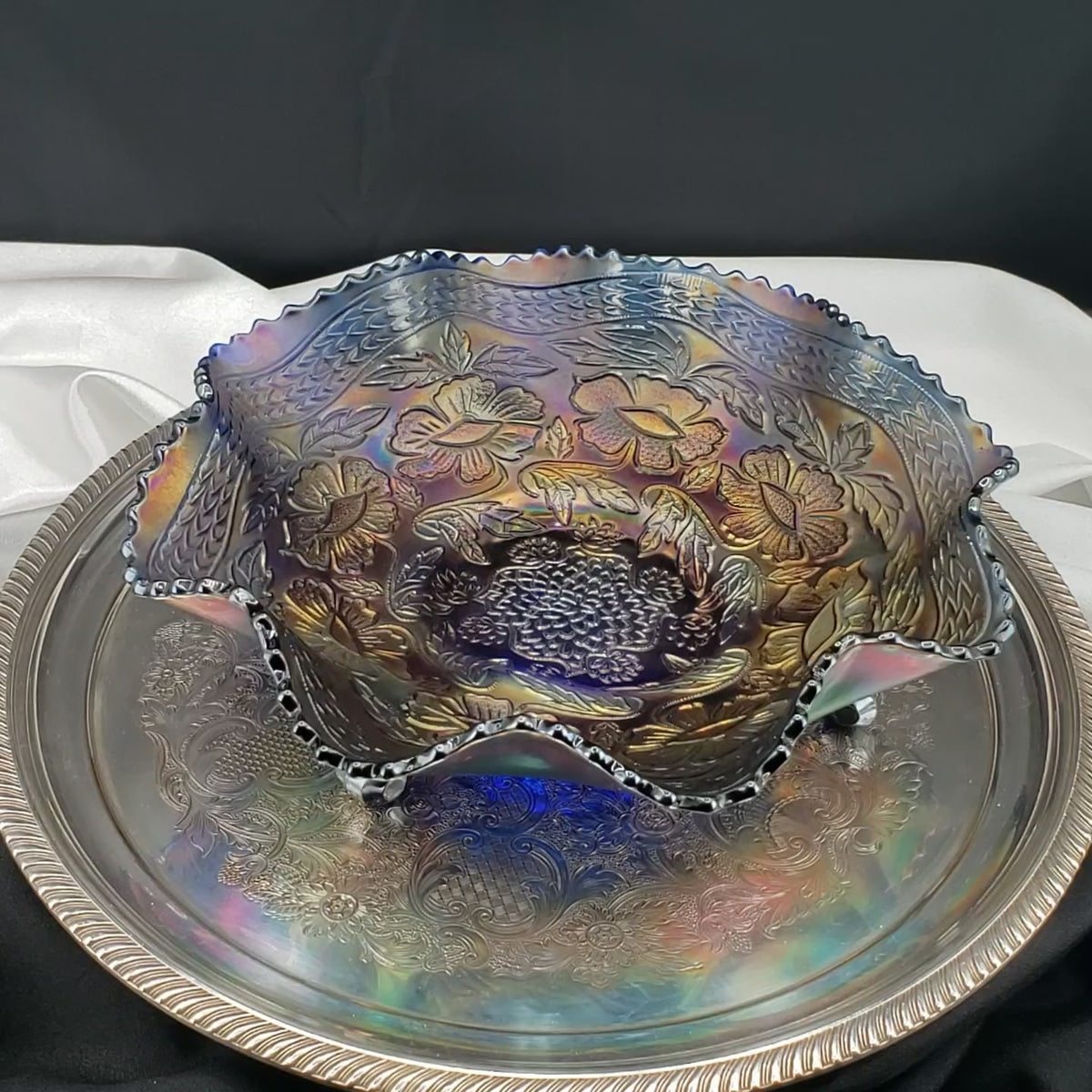 Antique Fenton Two Flowers Carnival Glass Bowl – Cobalt Blue Base – Ball Footed Iridescent Bowl