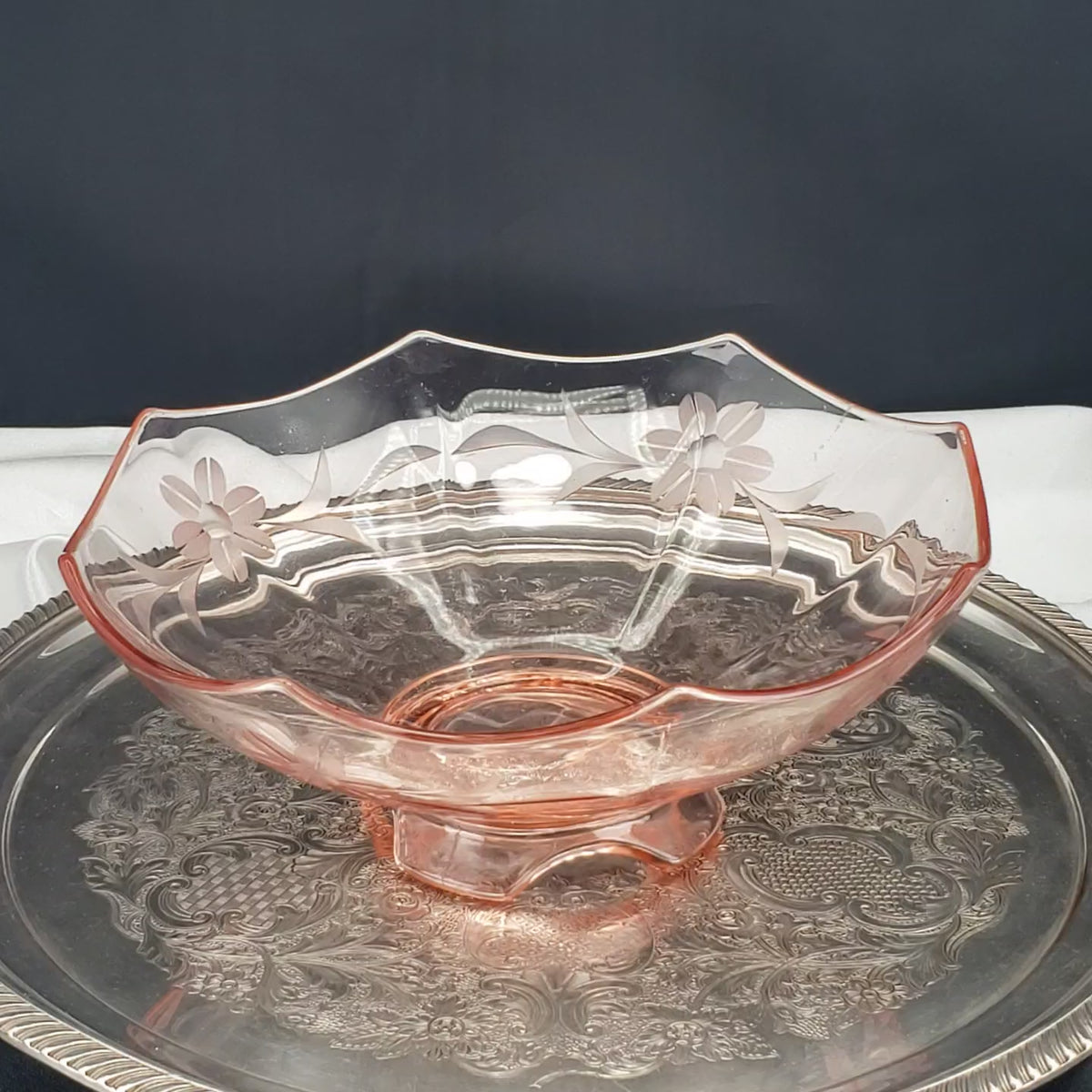 Vintage Pink Depression Glass Etched Bowl – Morgantown Glass – 1930s Floral Etching