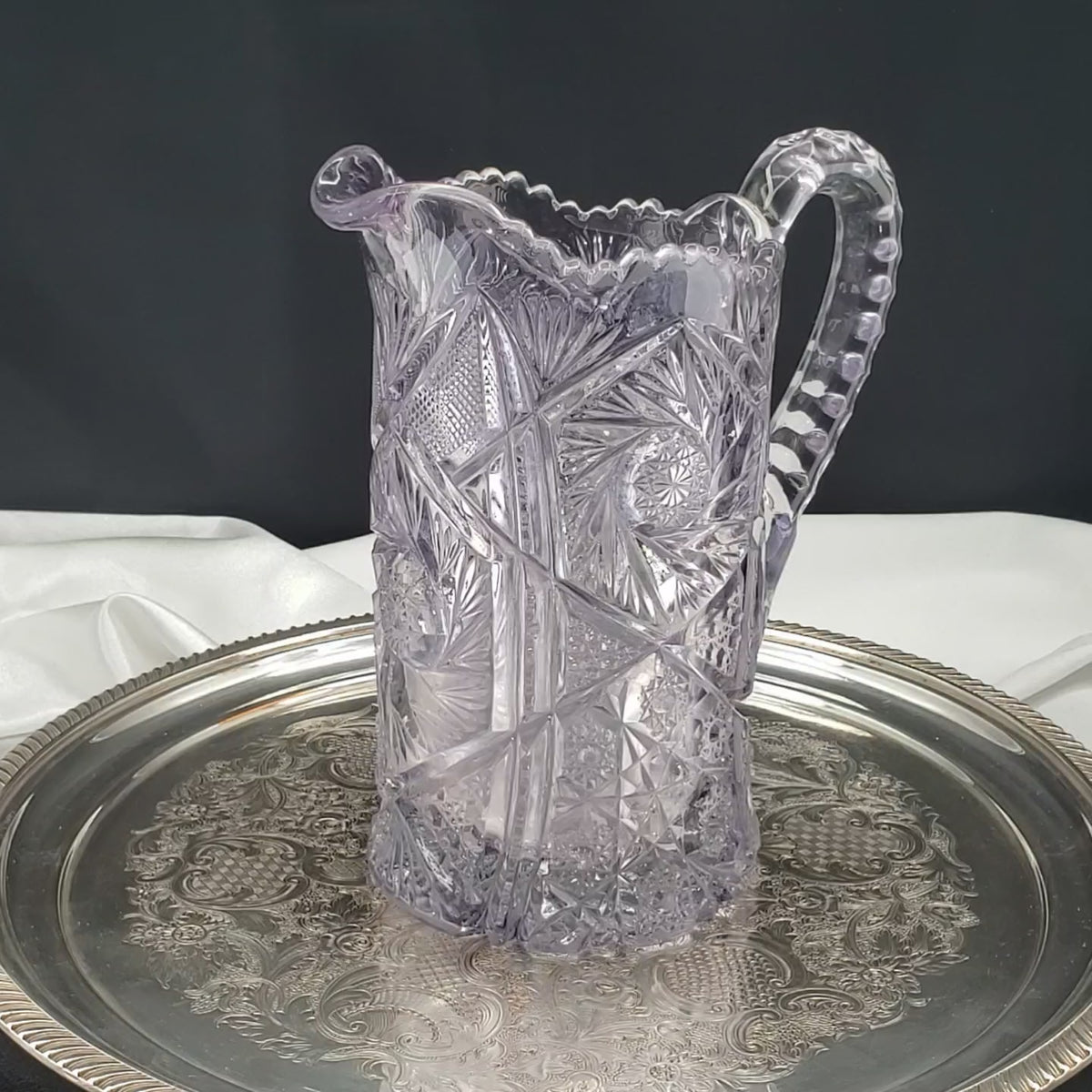 Amethyst Glass Pitcher - Art Cut Line - US Glass Co. - ca 1913