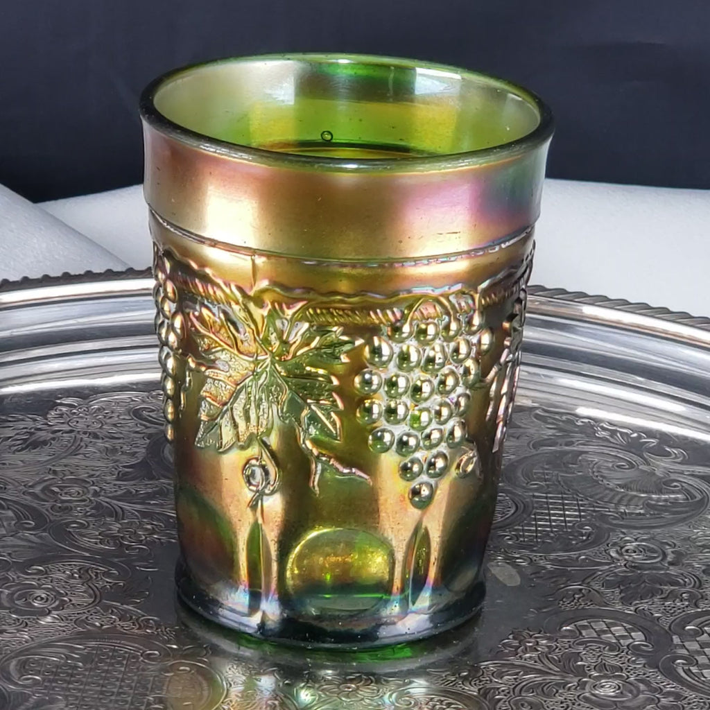 Antique Grape & Cable Tumbler – Northwood Glass – Green Carnival Glass – Early 1900s
