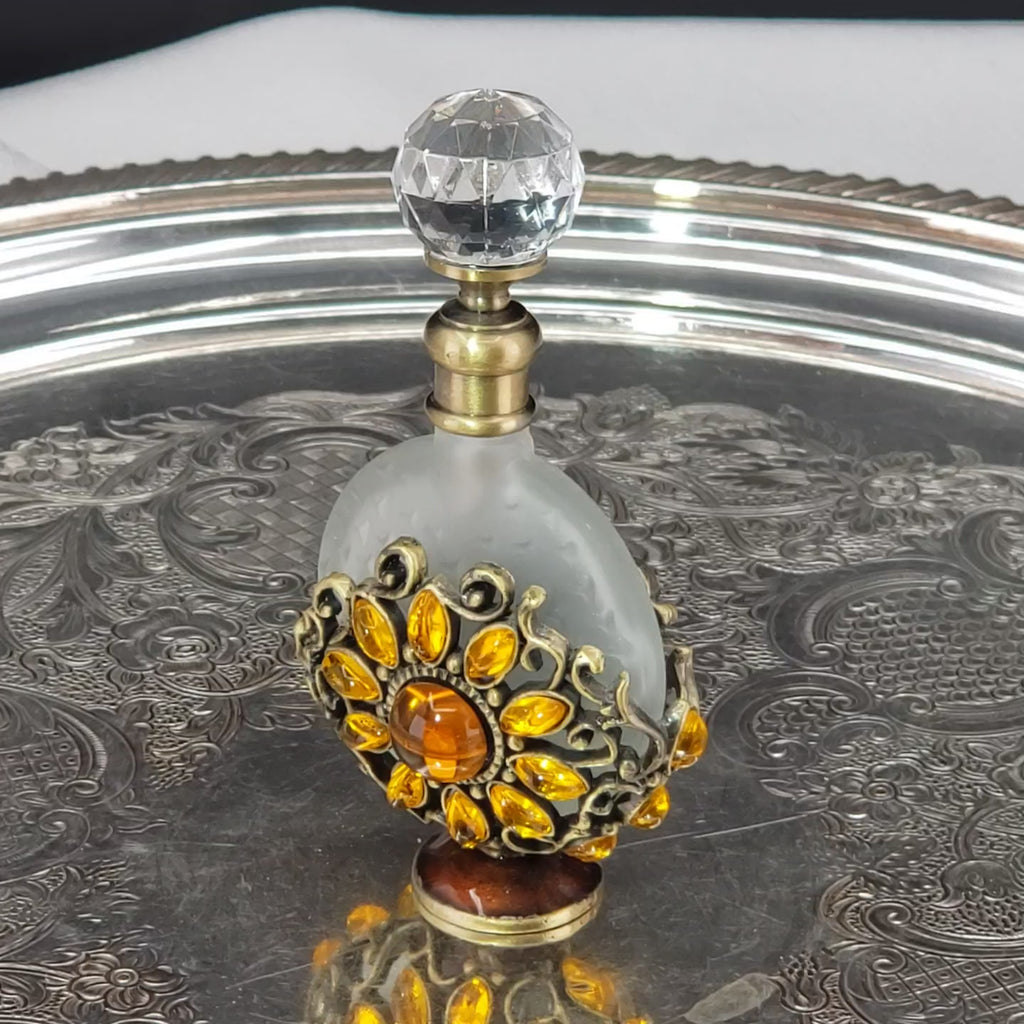 Vintage Alice Aliya Footed Perfume Bottle – Amber Jeweled Art Glass Vanity Decor