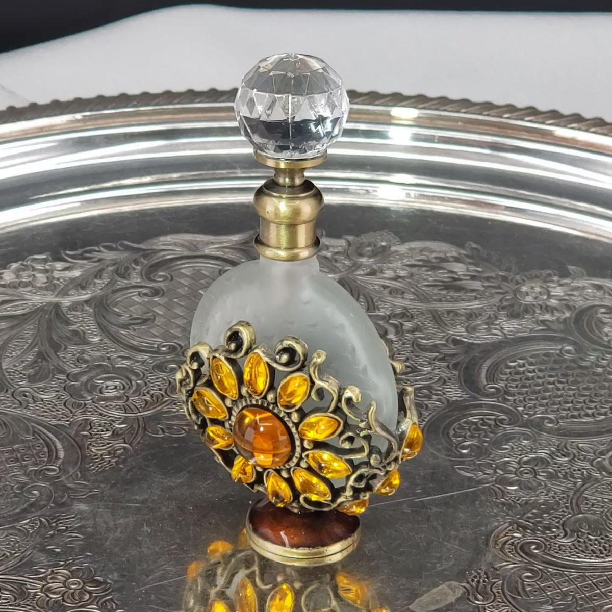 Vintage Alice Aliya Footed Perfume Bottle – Amber Jeweled Art Glass Vanity Decor
