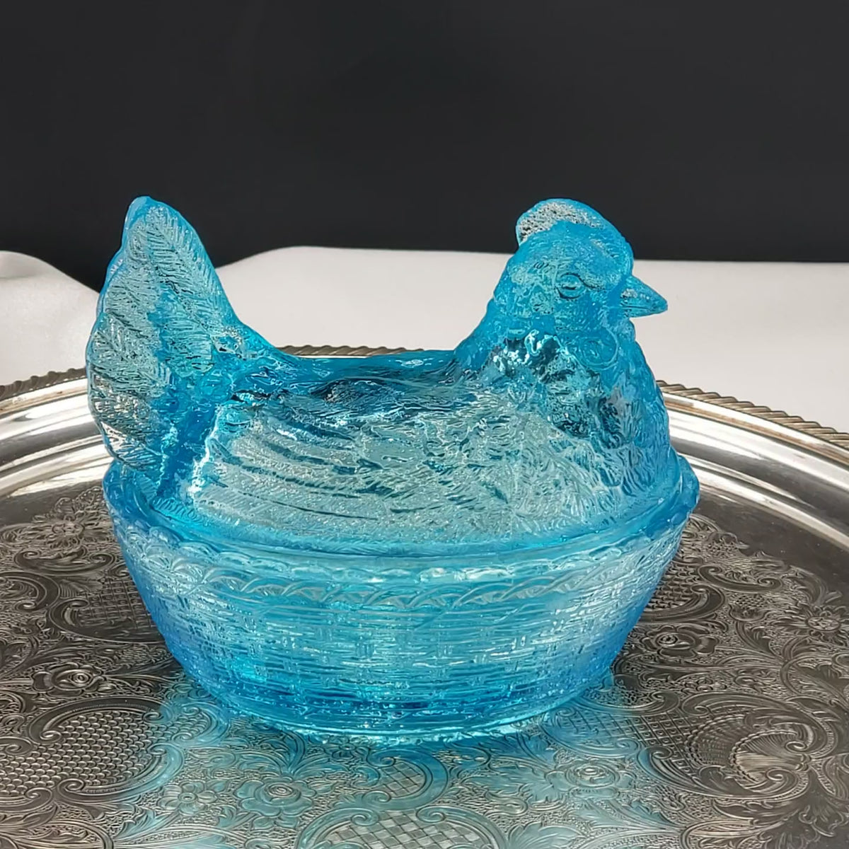 Vintage Ice Blue Glass Hen On A Nest - Medium Size