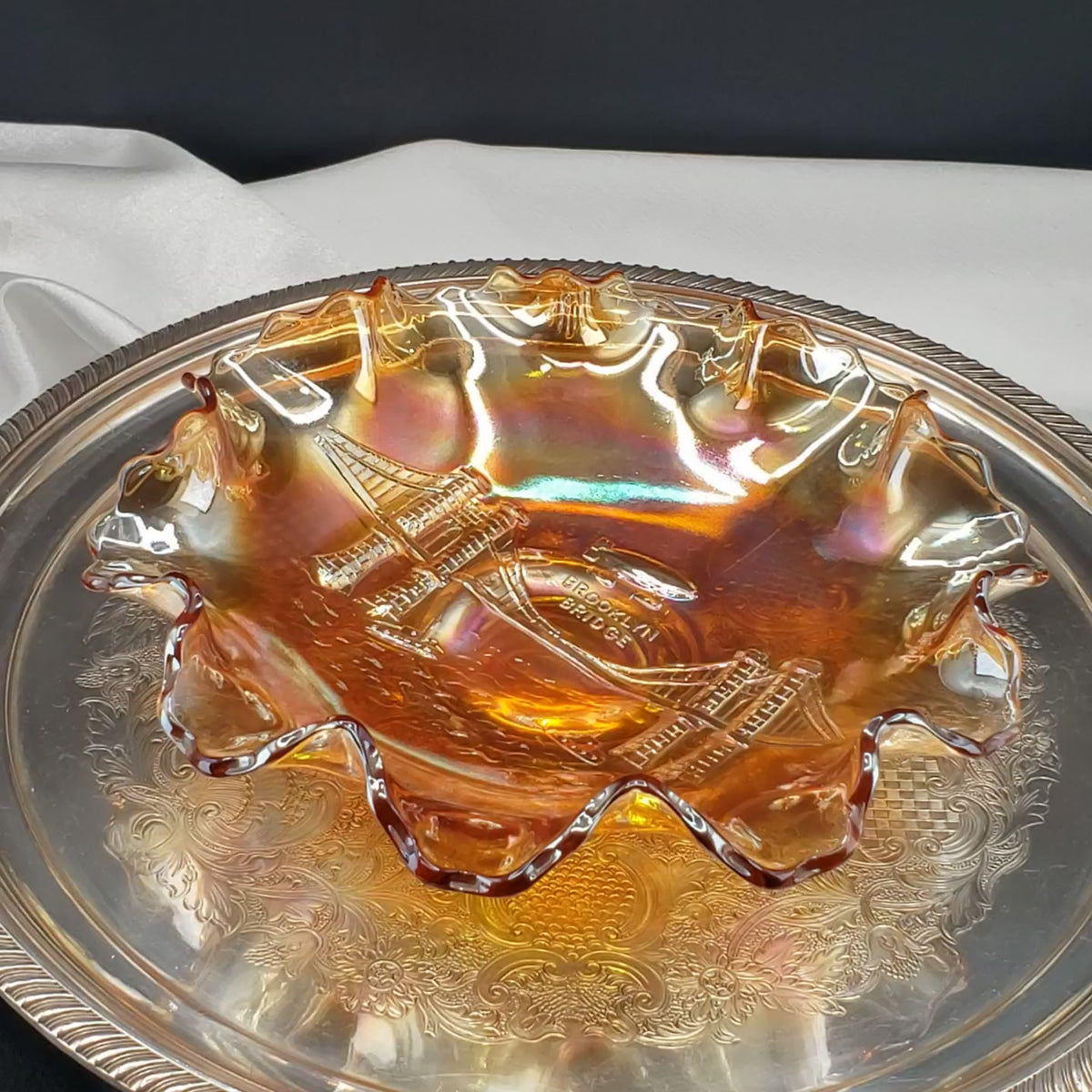 Rare Dugan Marigold Carnival Glass Bowl – Brooklyn Bridge & Airship Pattern – Early 1900s Vintage Collectible
