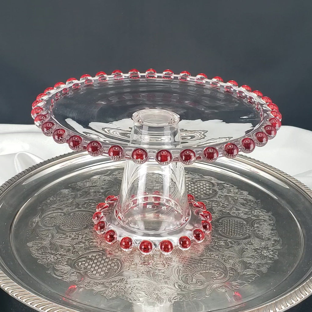 Vintage Candlewick Glass Cake Stand – Ruby Red Beaded Trim