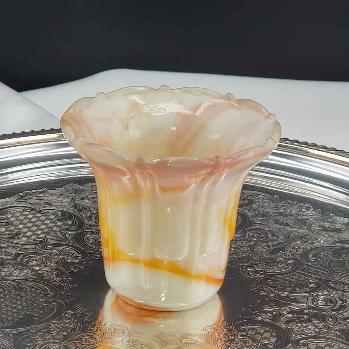 Vintage Akro Agate Ribs and Flutes Flared Flower Pot – Orange and Yellow Swirls – Slag Glass #296, 1930s Decor