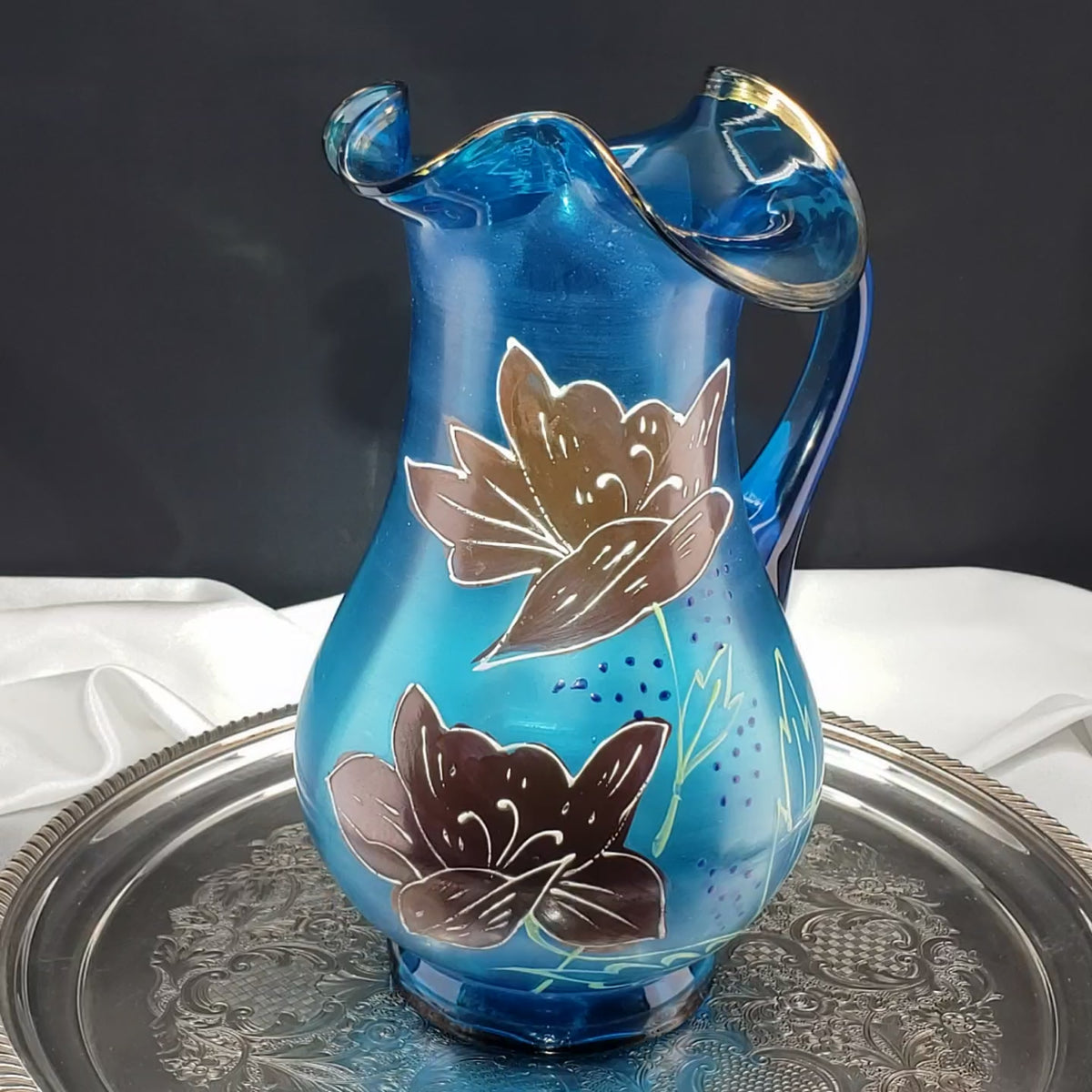 Antique Lemonade Pitcher - Azure Blue - Hand Painted - Possible Northwood Glass