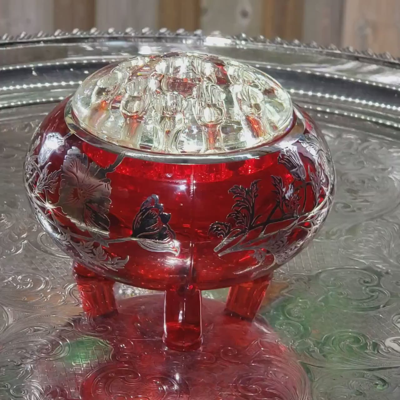 Ruby Red Viking Flowerlite Vase - Footed Bowl with Sterling Floral Design