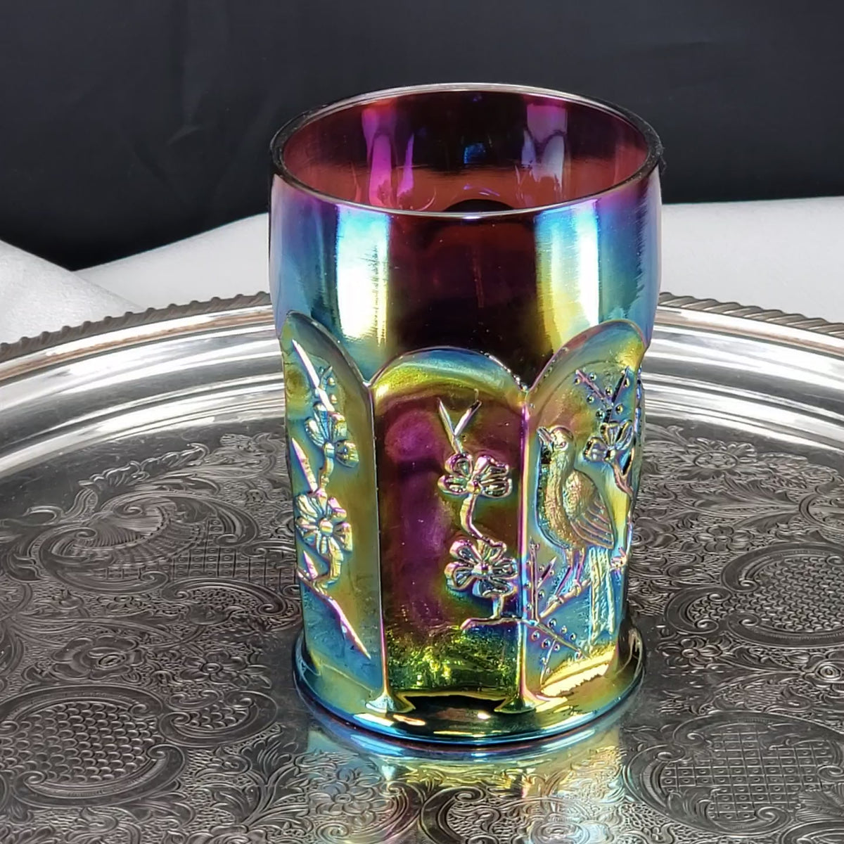 Rare Antique Northwood Carnival Glass Tumbler – Singing Birds Pattern – Amethyst Base – Early 1900s