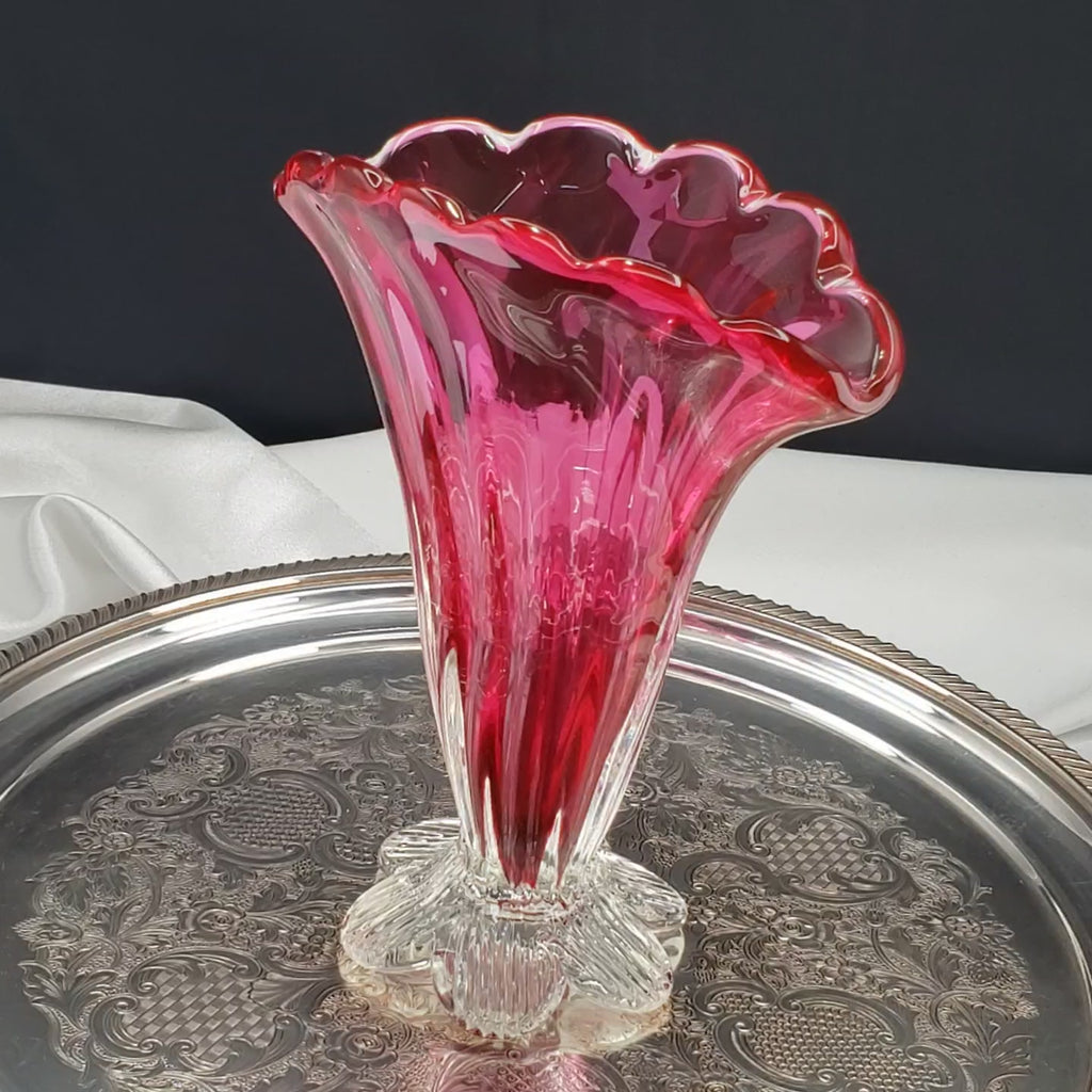 Vintage Rossi Cranberry Pink Glass Fan Vase - 1980s Decor