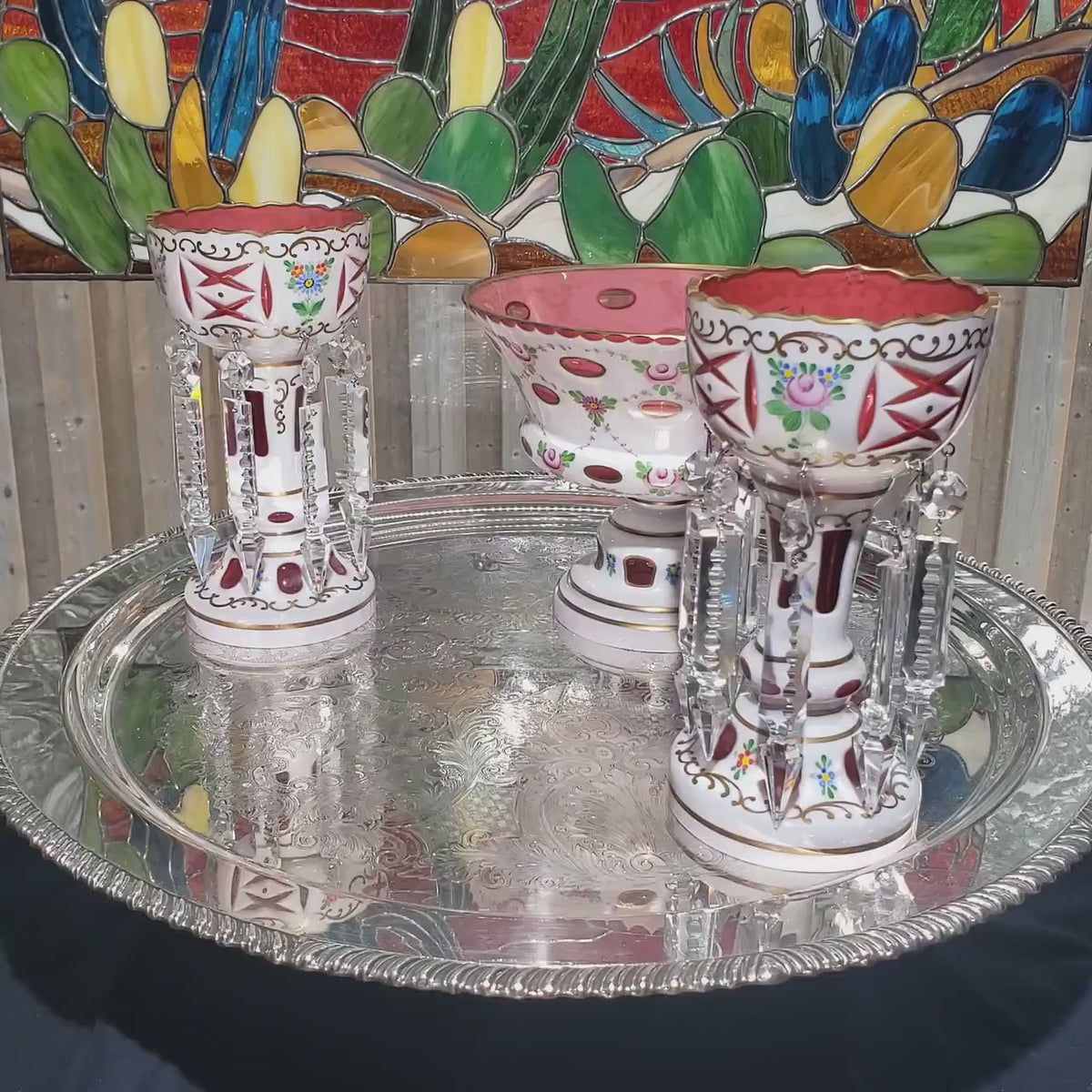 Mantle Lusters Set: Czech Pink Glass - Gold Trim, Matching Bowl