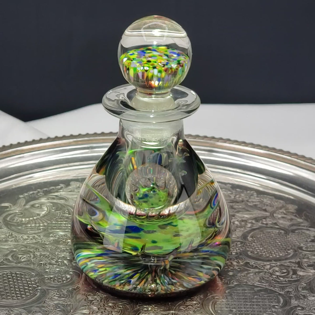 Vintage Caithness Glass Perfume / Ink Bottle – Multicolor Fused Art Glass Stopper