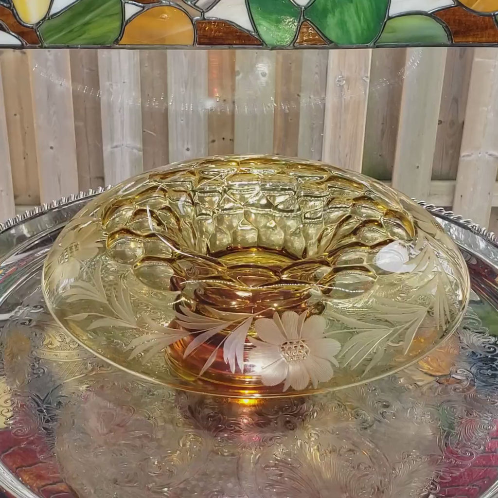 Amber Console Bowl - Hughes Cornflower Etched Honeycomb Glass