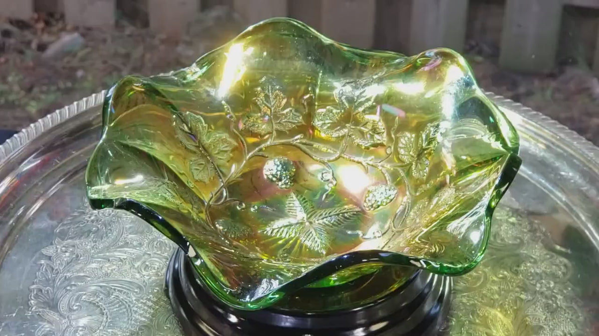 Millersburg Carnival Glass Bowl - Green Gold Grape Pattern, 7 Inch