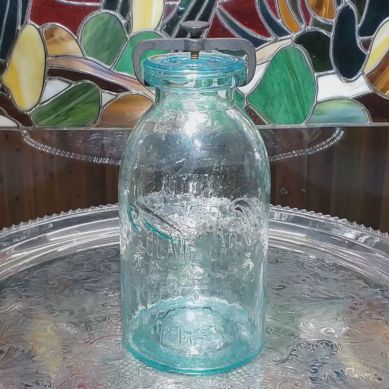 Hamilton Glass Works Jar: Whittled Aqua Half Gallon with Embossed C Error