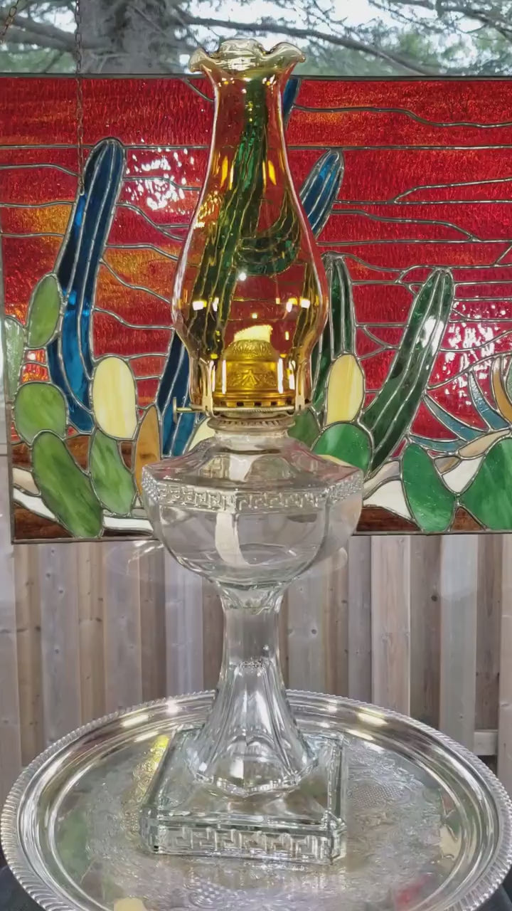 Greek Key Oil Lamp, Amber Glass Chimney (Circa 1900)
