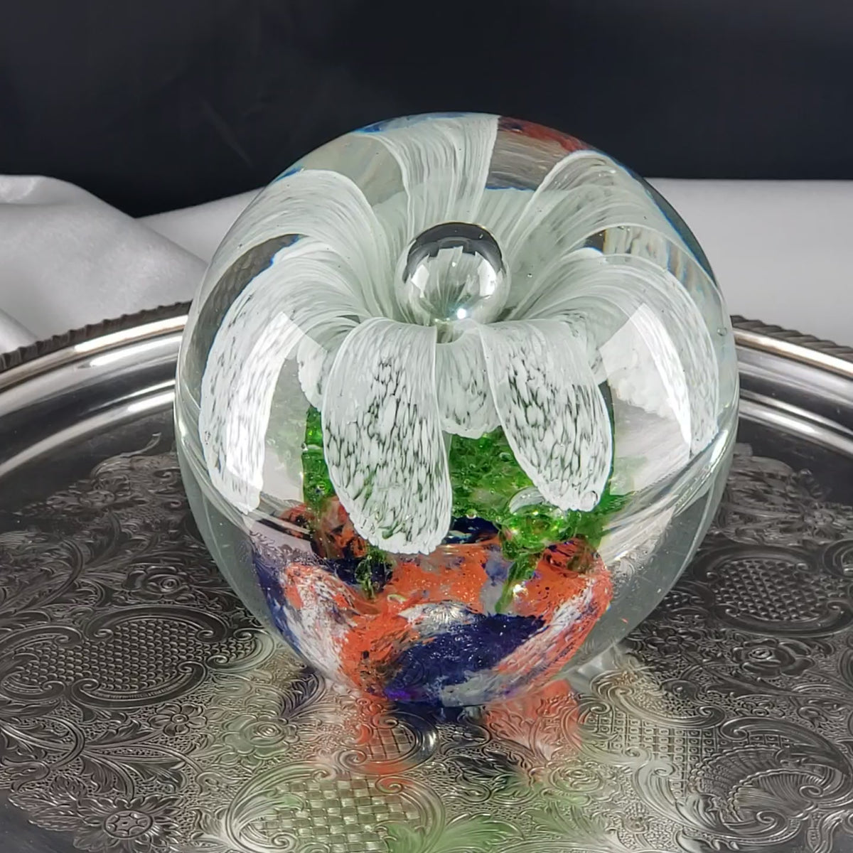 Large Glass Paperweight – Controlled Bubble With White Flower Petals