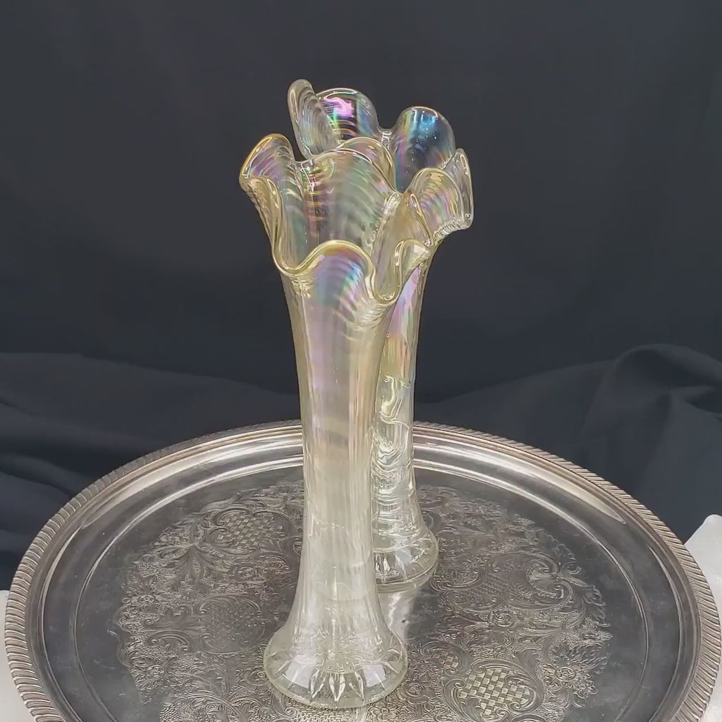 Carnival Glass Vases: Ripple Pattern - Iridescent White