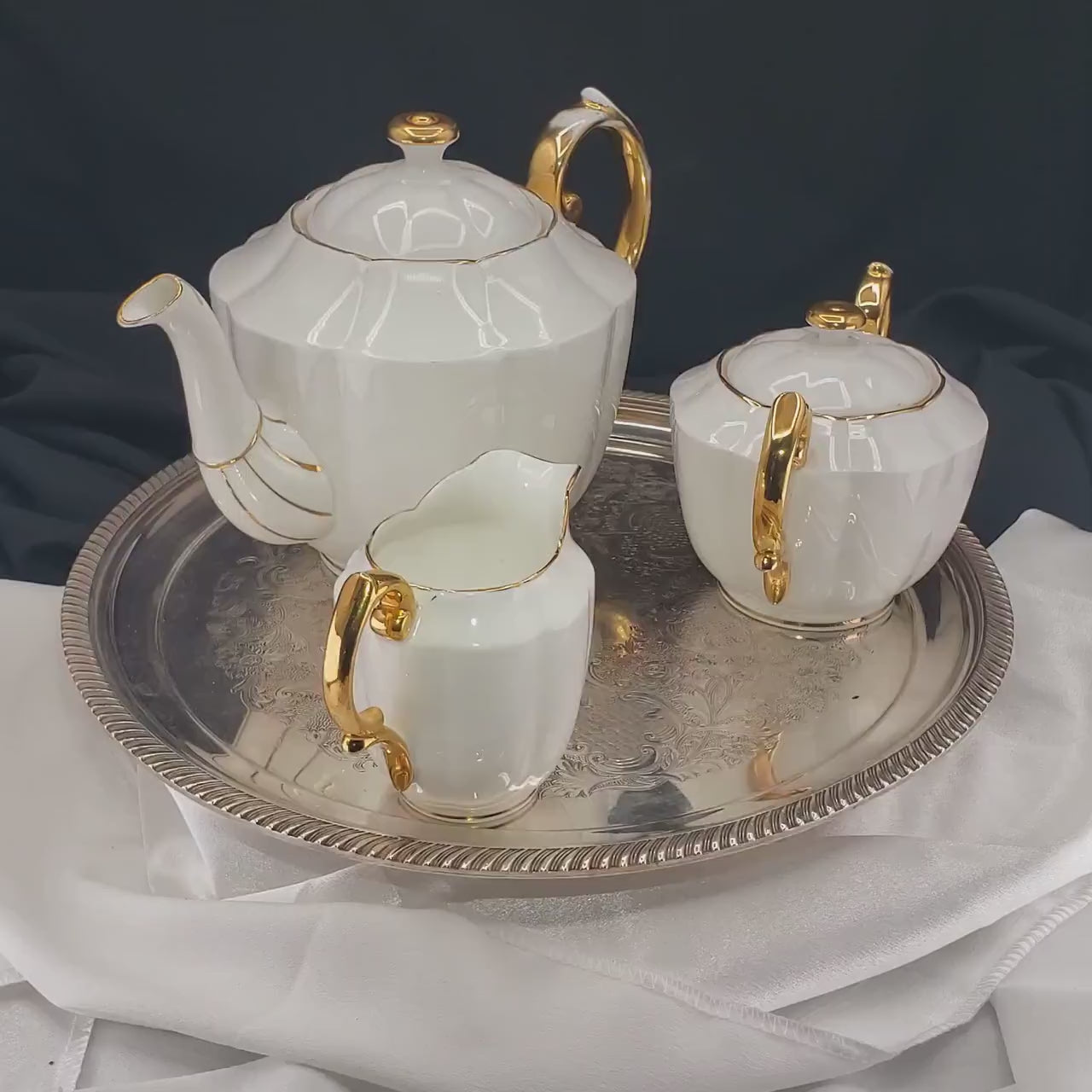 Vintage Royal Albert Teapot, White China Set With Gold Trim, 3pc.