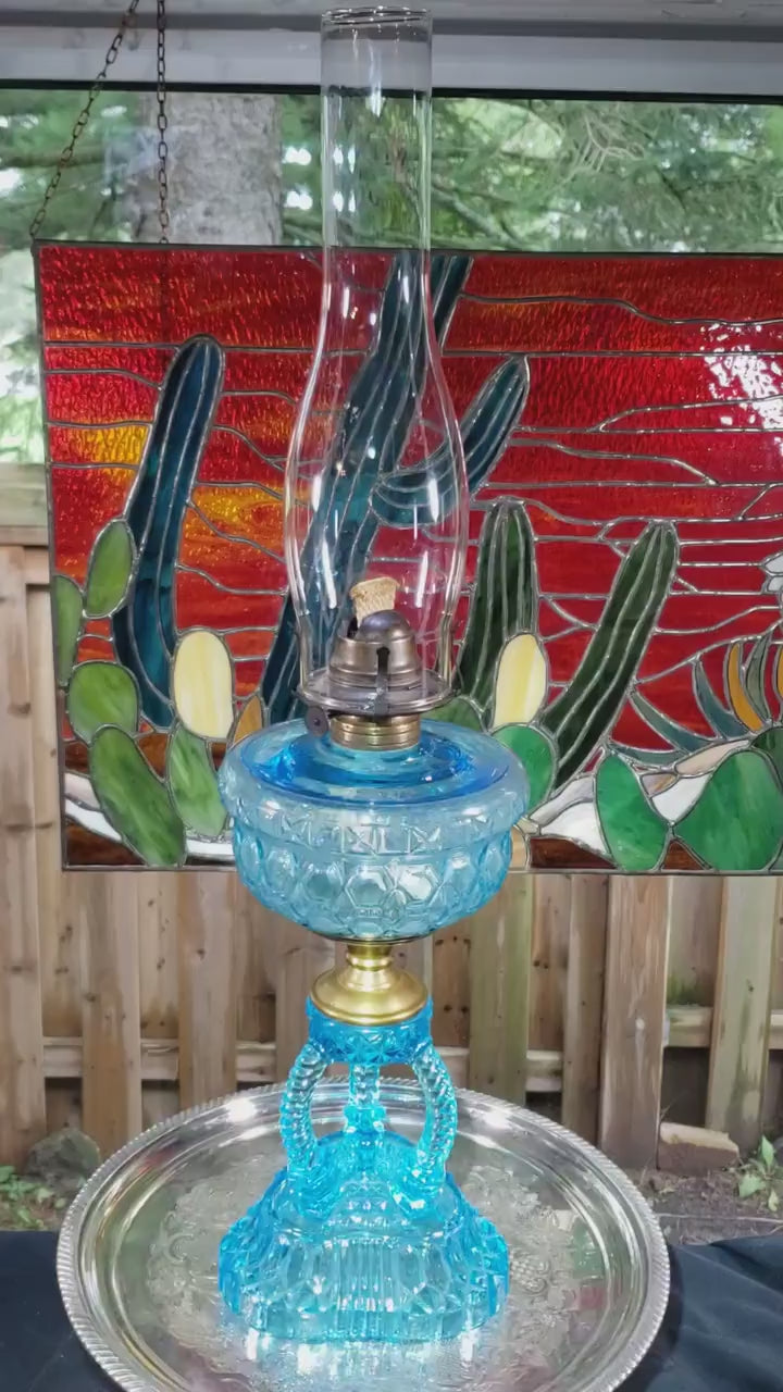 Blue Glass Oil Lamp - Victorian Style, Burlington 1890s