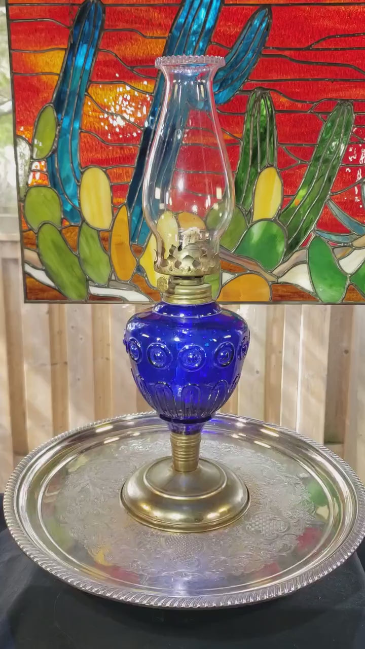 Cobalt Blue Oil Lamp - Bulls Eye Glass with Pie Crust Chimney