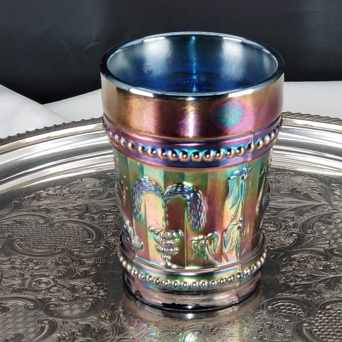 Antique Cobalt Blue Carnival Glass Tumbler – Dugan Glass – Peacock & Fountain Pattern – Early 1900s