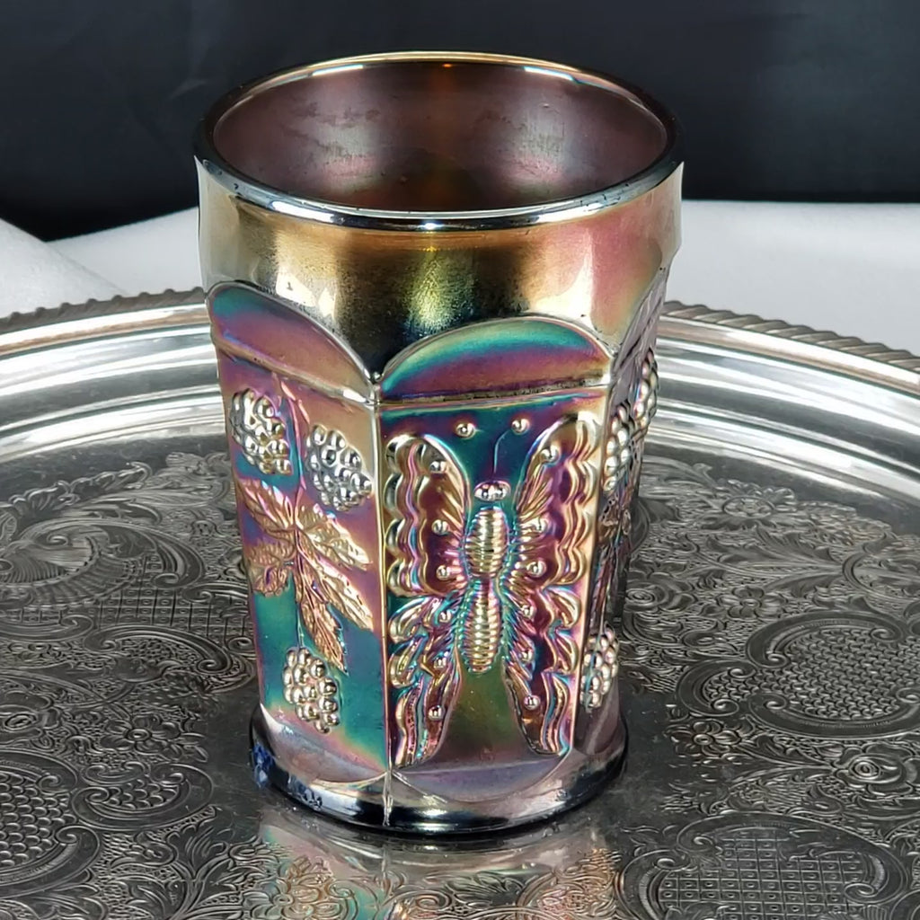 Antique Cobalt Blue Carnival Glass Tumbler – Dugan Glass – Peacock & Fountain Pattern – Early 1900s