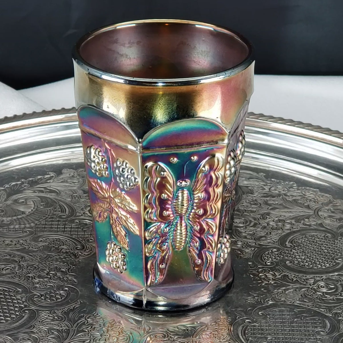 Antique Cobalt Blue Carnival Glass Tumbler – Dugan Glass – Peacock & Fountain Pattern – Early 1900s