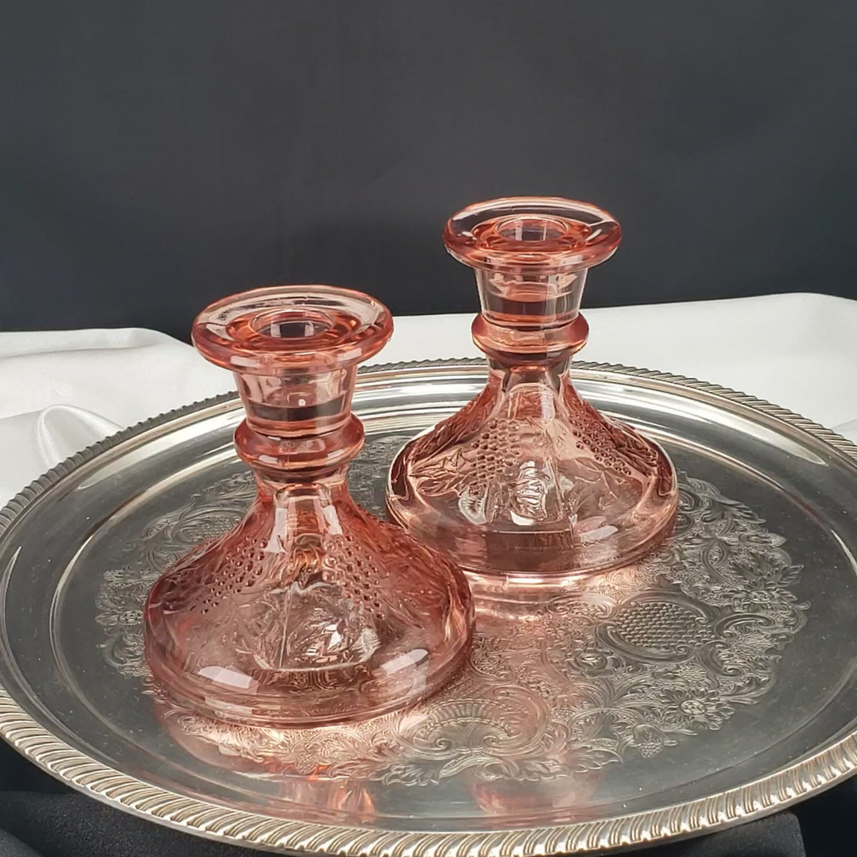 Vintage Pink Depression Glass Candle Stick Holders - One Pair Grape Pattern