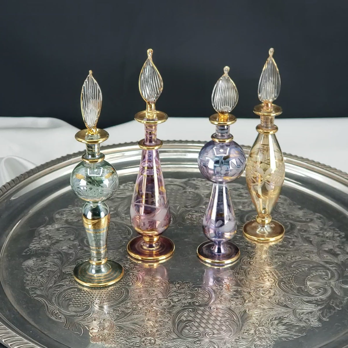 Vintage Egyptian Perfume Bottles – Hand‑Blown Glass – Gold Accents – Set of 4